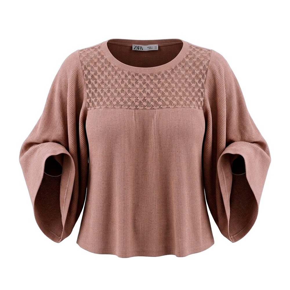 Zara Mauve Ribbed Mesh Yoke Bell Sleeve Knit Top 4331/124/942/M Size Medium